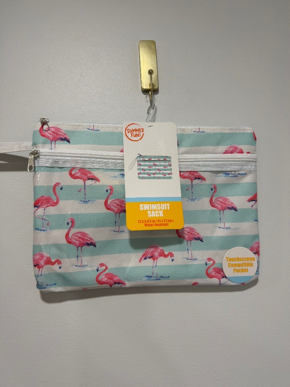 Swimsuit Sack Vinyl Interior Canvas Zip Bag White Teal Flamingo